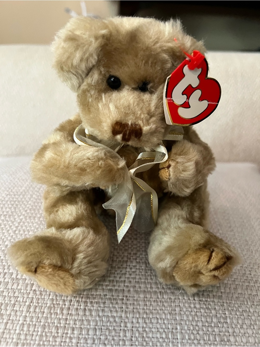 Ty Classic Plush Beige Teddy Bear with Ribbon “Beverly”